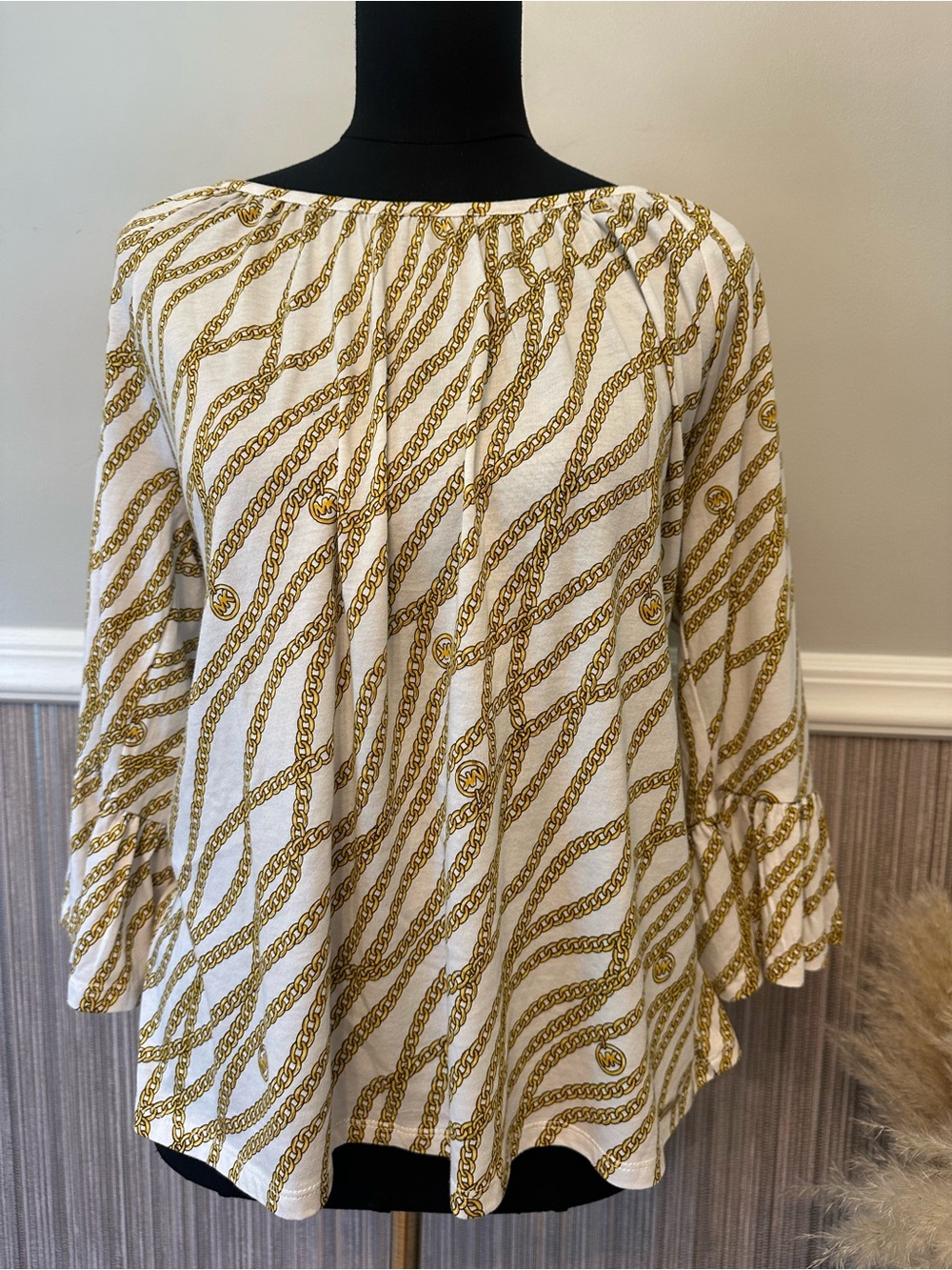 Michael Kors Chain Print Bell Sleeve Top White‎ Gold Modal Blend Size Large